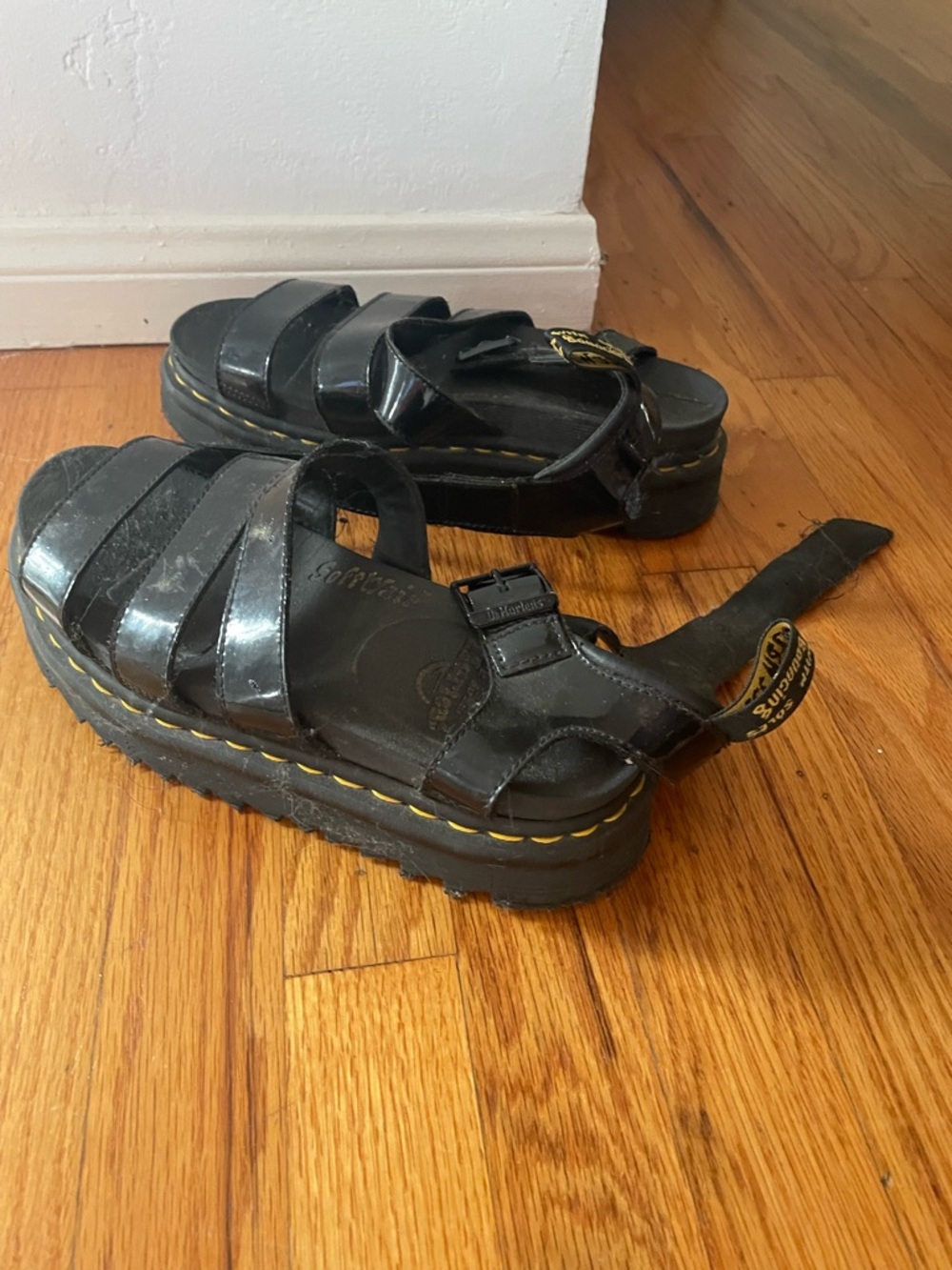 Dr. Martens Black Leather Platform Sandals with Yellow Stitching